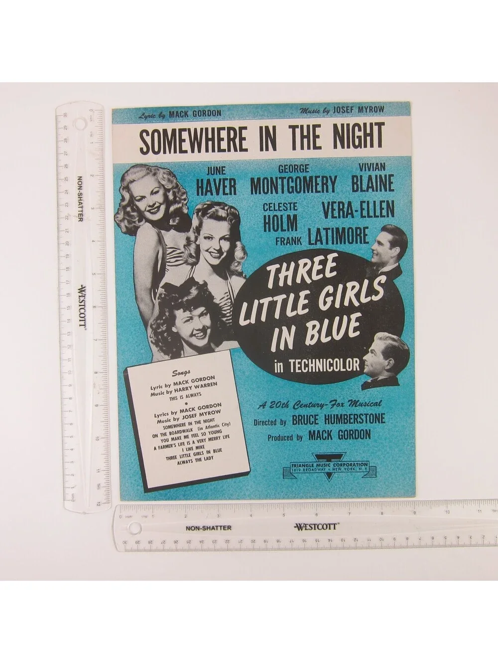 Sheet Music Somewhere in the Night Three Little Girls In Blue Film Vintage 1946